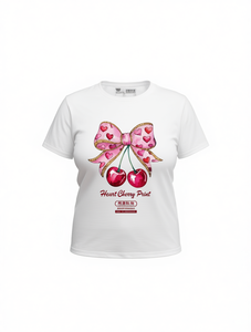 T-shirt da donna Mina girocollo con stampa cuore e ciliegie, casual per tutti i giorni, primavera estate, 100% cotone, manica corta - Product Image 1