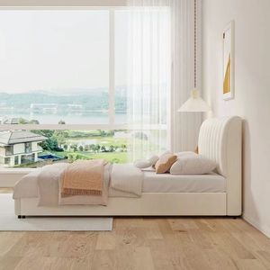 Lit rembourré double couleur crème pour chambre principale, lit de luxe pour mariage, mobilier de maison - Product Image 2