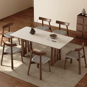 Solid Wood <b>Dining</b> <b>Table</b> Mid-Century Style Nordic Wabi-Sabi Style Quartzite <b>Top</b> Walnut Color Rectangle 6-Seater for Small - Product Image 2