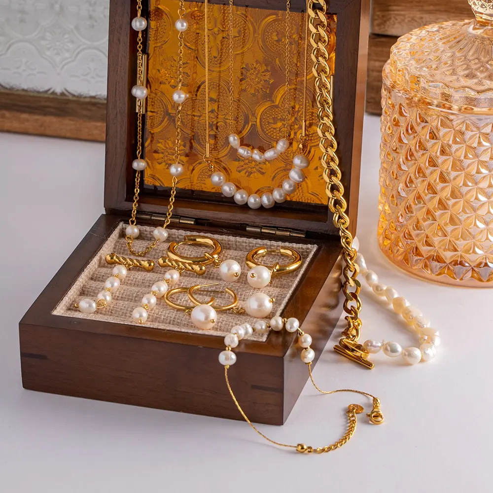 Ensemble collier de perles d'eau douce étanches en acier inoxydable plaqué or 18k pour femme