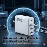 Chargeur rapide multi-ports 100W GaN avec prises interchangeables EU, UK, AU, USB-C, USB-A, adaptateur secteur PD QC pour ordinateur portable et téléphone