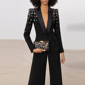 Ensemble de costume de luxe pour femme avec blazer orné de cristaux, <span class=keywords><strong>pantalon</strong></span> évasé à manches longues, coupe ajustée, idéal pour invitées de <span class=keywords><strong>mariage</strong></span>, tenue de soirée formelle, OEM - Product Image 1