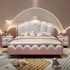Crown Princess Kids Bed 1,5 m y 1,8 m Cama doble individual tapizada de madera maciza para niñas Muebles de dormitorio de ensueño - Product Image 6