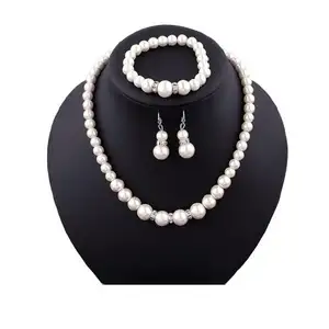 Factory Price High Polished Delicate White Pearl Bridal Necklace Bracelet And Earrings Jewelry Sets For Wedding Bride