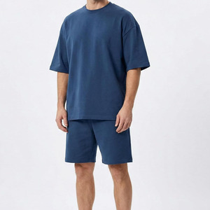 Solid Blue Cotton T-Shirt and Shorts <b>Set</b> Loose Fit O-Neck Short Sleeve Breathable Lightweight Men <b>Twin</b> <b>Set</b> High Street Style <b>Set</b> - Product Image 3