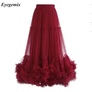Alta cintura elástica Rojo Negro malla volantes A-line elegante <span class=keywords><strong>Midi</strong></span> medio cuerpo Falda Mujer nueva primavera moda Otoño - Product Image 2
