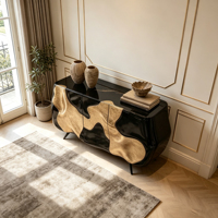 Buffet en fibre de verre avec incrustations dorées irrégulières, corps ondulé noir brillant, pieds en métal fins, armoire de rangement à 3 portes pour la maison