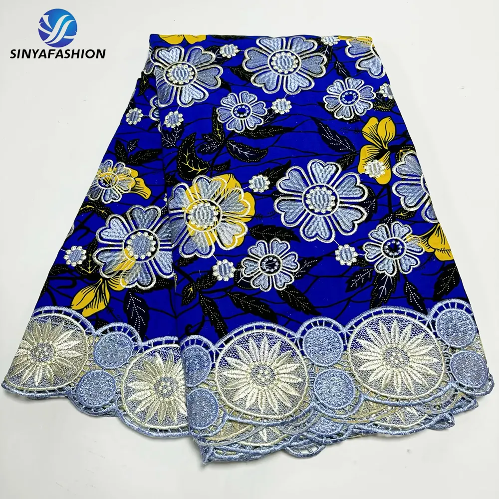 Sinya High Quality Embroidery Guipure Cord Lace Ankara Wax Prints Fabric African 6 Yards