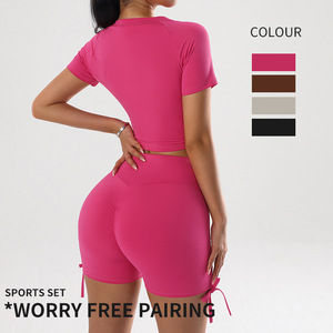 Conjunto de Yoga Sexy de Verano Personalizado, Top Corto y Pantalones Cortos de Cintura Alta con Cordón, Ropa Deportiva Elástica de 2 Piezas para Mujer - Product Image 2