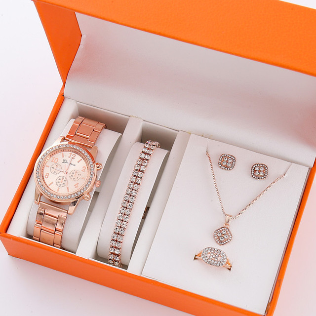 LP13 Five-Piece Set Luxurious Women's Watches Diamond-Encrusted Quartz Watches Fashionable Design Bracelet and Necklace Suit