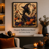 Kit de Broderie Diamant DIY Halloween : Sorcière et Citrouille Effrayantes, Broderie 5D à Strass Plein Point, Décoration Murale Artistique pour la Maison