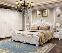 Lit en bois vintage européen de style villa, taille King, avec rangement, pour chambre à coucher américaine