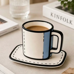 Mug en céramique créatif Ins, motif bande dessinée bidimensionnelle, bleu et blanc, capacité 400 ml, réutilisable, tasse à café petit-déjeuner avec soucoupe en option - Product Image 4