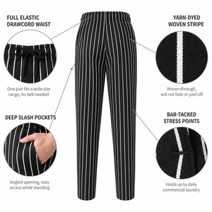 Pantalon de Chef Unisexe à Taille Élastique Ample pour Restaurant et Cuisine, Rayures Noires et Blanches Pied-de-Poule, en Polycoton, Uniforme de Chef Personnalisable - Product Image 3