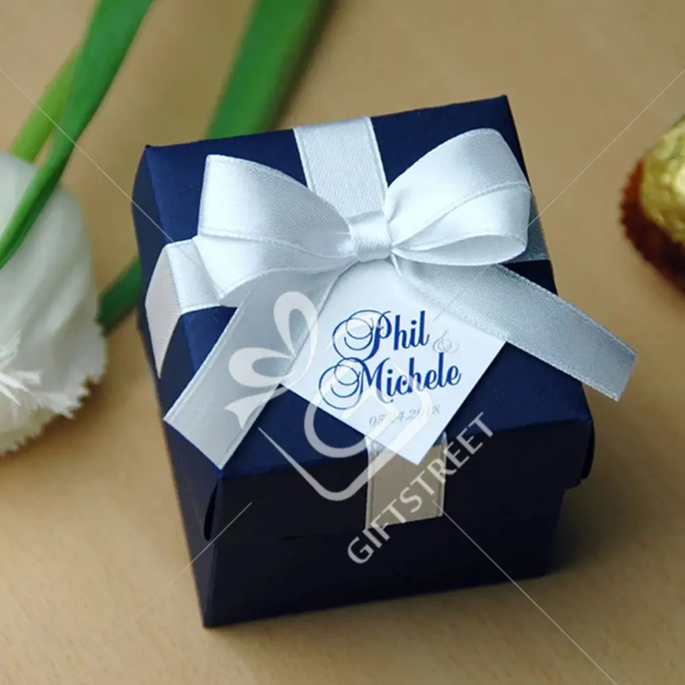 New Custom Navy Blue Candy Box for Favor Gifts Wedding Bonbonniere with Satin Ribbon Bow and Your Names Favor Boxes