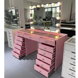 Lusso rosa comò altoparlante Bluetooth <span class=keywords><strong>con</strong></span> <span class=keywords><strong>luce</strong></span> LED specchio per il trucco 13 cassetti set camera da letto pannello in stile legno per alberghi - Product Image 1