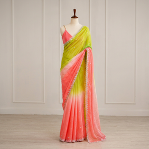 Gradient Orange Purple <b>Satin</b> <b>Saree</b> Embellished Traditional Dress With Unstitched Blouse for Wedding Party - Product Image 1