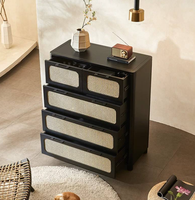 Commode moderne noire en rotin à 5 tiroirs avec façades tressées, meuble de rangement en bois, vente en gros pour chambre et salon