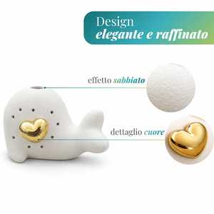 Set Diffusore di Fragranze in Ceramica a Forma di Balena con Cuore Dorato e Bastoncini 11x10x7 per Profumare la Casa - Product Image 4