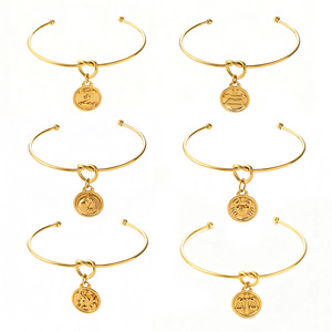 Pulseiras de Aço Inoxidável com Moeda Redonda do Zodíaco, Design de Nó, Pingente em Relevo 3D, Formato C Aberto, Não Oxida, para Mulheres - Product Image 1