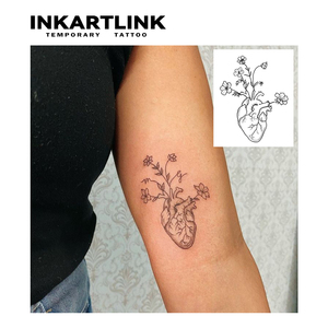 Tatuaggi Temporanei a Forma di Cuore e Fiore, Durata 15 Giorni, Linee Sottili, Inchiostro Nero, Arte Corporea per Donne e Uomini - Product Image 2