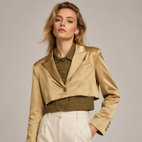 Blazer court en satin pour femme, effet deux pièces, à bouton unique, manches longues, veste courte, idéal pour le bureau et les trajets quotidiens
