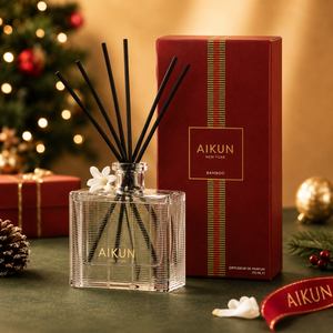 Aikun Red Frost Rounded Amber Glass Christmas Bear Reed Diffuser with Black Reeds Gold Collar Snowflake Print for Holiday Decor - Product Image 3