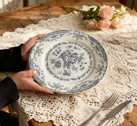Assiette à dîner en céramique de style français, rose pastorale, réutilisable, compatible four/lave-vaisselle, imprimé floral classique, couleur surglacée pour