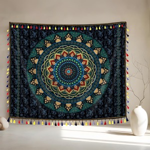 Grande <span class=keywords><strong>tapisserie</strong></span> murale dorée Mandala, décoration de chambre hippie, design indien d'artiste oriental, <span class=keywords><strong>motif</strong></span> imprimé, <span class=keywords><strong>tapisserie</strong></span> suspendue avec pompon - Product Image 1