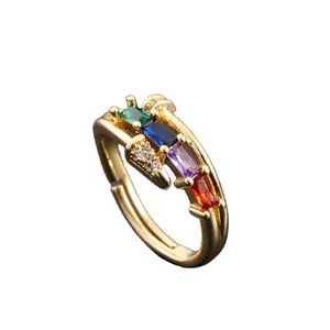 Grosir kustom berlian imitasi mutiara penyesuaian cincin terbuka mode Cooper warna-warni CZ berbentuk hewan cincin perhiasan untuk wanita