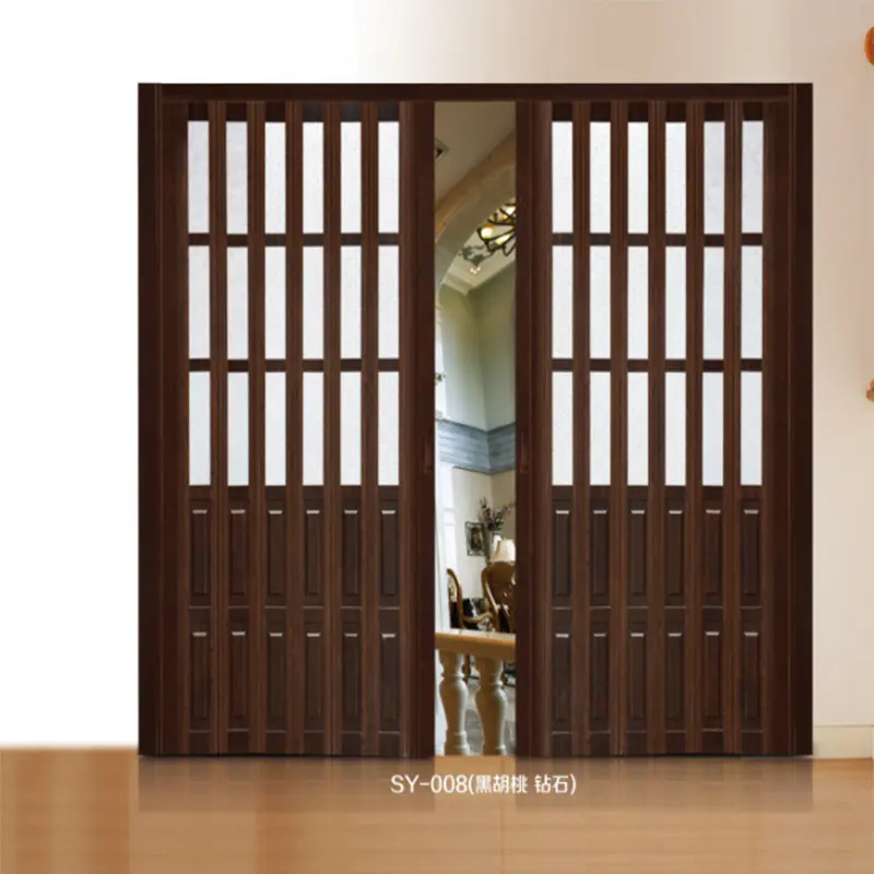 Chocolate wooden accordion patio doors pvc folding screen roll up pvc sliding turning curvefrom partition shower pvc door