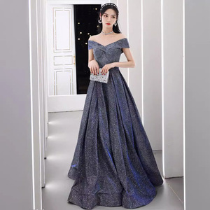 Evening Gown Women Off The Shoulder <b>Glitter</b> Empire Waist <b>Blue</b> Polyester Party Banquet Dress 2026 New Style - Product Image 3