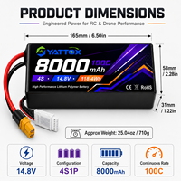 Batterie Lipo haute capacité Yattox 4S 8000mAh 100C 100% LCO pour voiture RC, bateau, hélicoptère, jet EDF, haute décharge