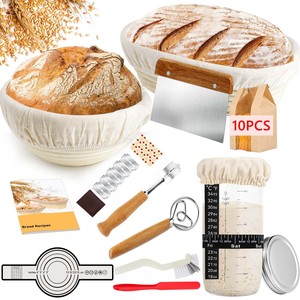Kit complet de matériel de boulangerie pour pain au levain avec pot de levain, panier de fermentation, écharpe à pain, lame, <span class=keywords><strong>fouet</strong></span> à pâte danoise, sacs - Product Image 1