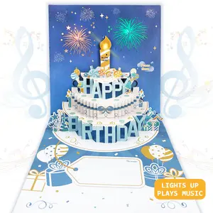 Customized Custom 3d White Birthday Cake Pop Up Card With Music And Light