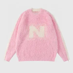 Custom Couple Sweater Letter Logo Oversized Fuzzy Crew Neck Knit Mohair Sweater For Women