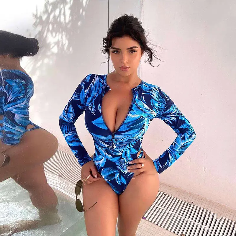 2021 One-Body Print Của Phụ Nữ Swimwear Dài Tay Áo Chống Nắng Áo Tắm Zip Sexy Bikini Swimwear & Beachwear