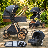 Poussette de luxe légère 3-en-1 avec barre de poussée bidirectionnelle pour bébé, siège auto et landau