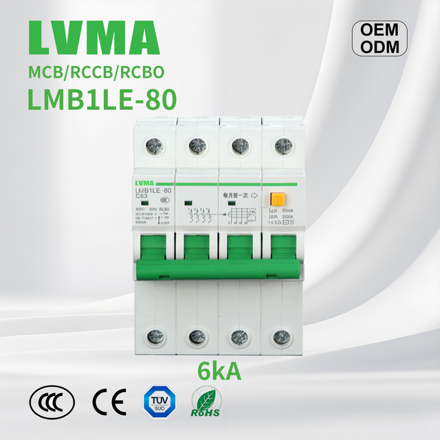 RCBO/RCCB LMB1LE-80 6kA 1P-4P Miniature Circuit Breaker (MCB) with PA66 Li Protection Copper 6A-80A