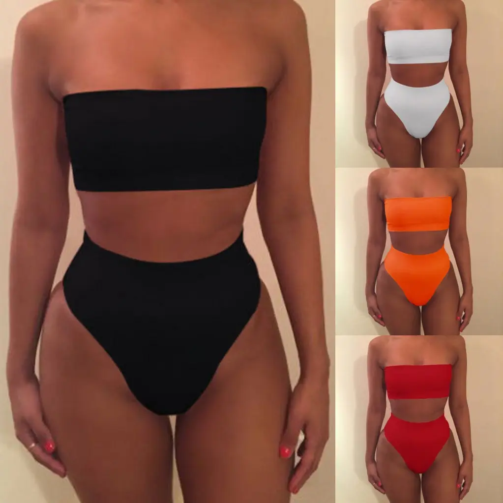 Popüler 2 adet seksi düz renk Bikini kadın tanga iç çamaşırı mayo askısız mayo yüzme plaj kıyafeti Bikini yüzme giysisi seti