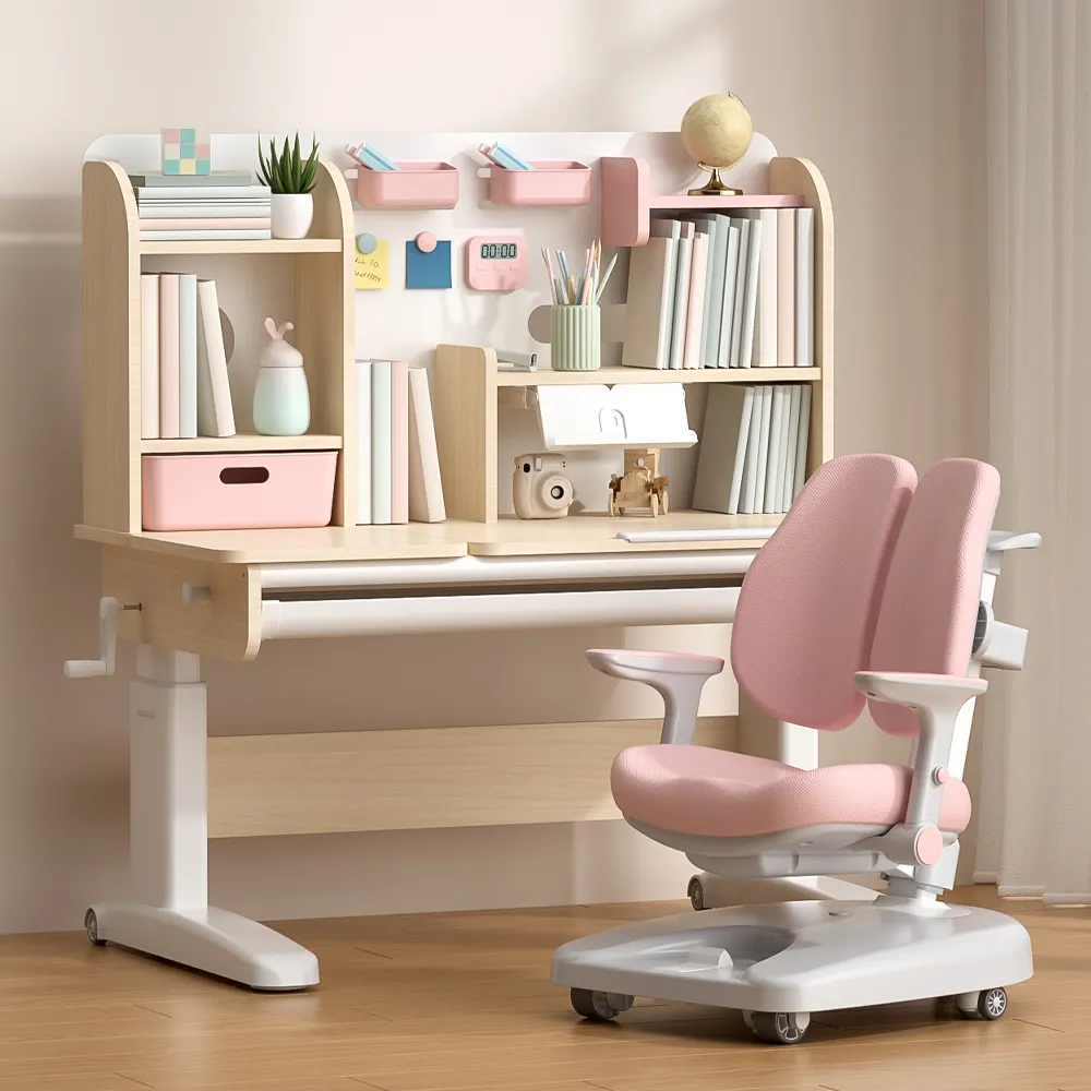 책꽂이가있는 도매 어린이 인체 공학적 학습 테이블 홈 가구 높이 조절 가능한 공부 책상 및 어린이를위한 의자 세트