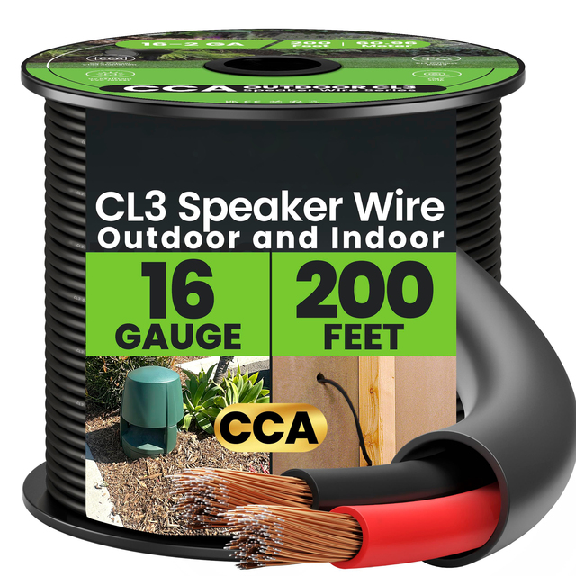 CCA Copper Clad Audio Cable 16 Gauge AWG 200 Feet Outdoor Hi-Fi Speaker Wire for Direct Burial Wall Mounting CL3CL2 Monitor