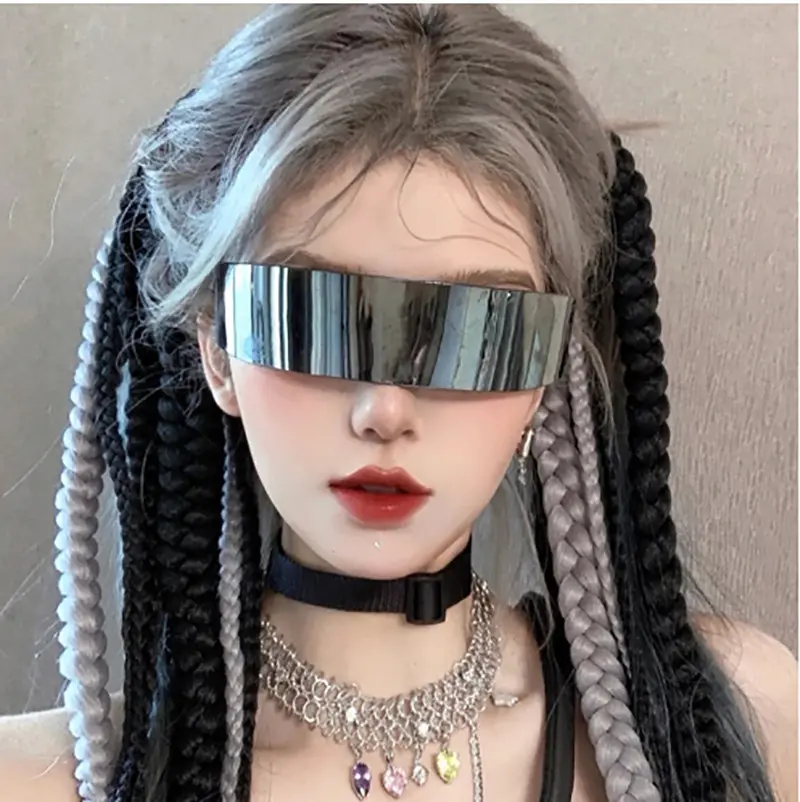 未来的なナローバイザー女性サングラスレーザー眼鏡パーソナリティミラーレンズ眼鏡メガネ統合男性サングラス