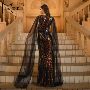 Mantella manica sirena <span class=keywords><strong>nero</strong></span> <span class=keywords><strong>paillettes</strong></span> lunghi eleganti abiti da sera di lusso per le donne - Product Image 2