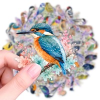 50 autocollants PET en aquarelle d'oiseaux de la forêt, motifs floraux colorés lavande, décoratifs et imperméables pour cahiers, gobelets et cadeaux