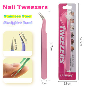 Pince à épiler droite et courbée en acier inoxydable rose, outil multifonctionnel pour le nail art et l'extension des cils - Product Image 2