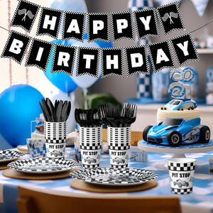 Vendita Diretta dalla Fabbrica Set di Posate e Tovaglioli Personalizzati con Tema Auto Blu su <span class=keywords><strong>Carta</strong></span> Quadrettata Bianca e Nera per Compleanno - Product Image 2