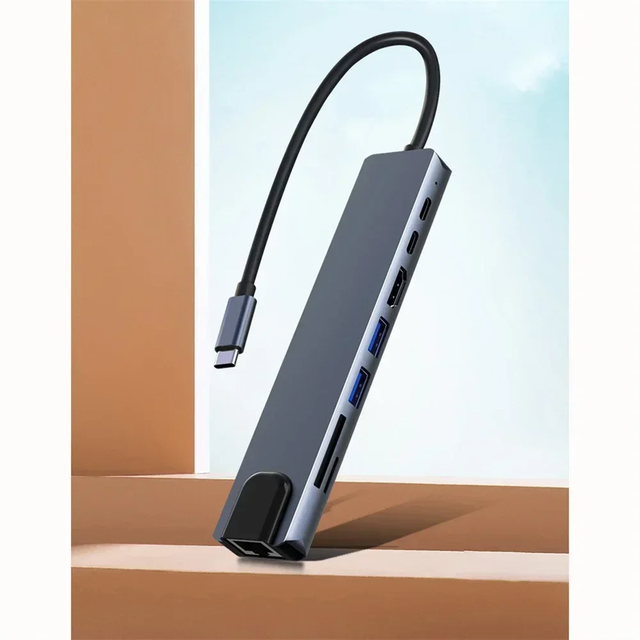8-in-1 USB-C Hub 4K HD USB 3.0 Port PD 100W Charging for 2.0 RJ45 Ethernet SD/TF Card Reader Aluminum Alloy Docking Station