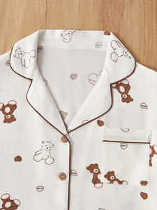 कारखाने थोक महिलाओं के ग्रीष्मकालीन लाउजेवियर सेट प्यारा दिल मुद्रित बटन-अप शीर्ष कैजुअल बुना हुआ कपड़े वसंत के लिए चमकदार नरम - Product Image 4