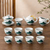 Service à thé chinois 13 pièces en porcelaine Grande Muraille, coffret cadeau, service à thé Gongfu, théière Gaiwan, Cha Hai, 8 tasses, peinture paysagère, bord doré